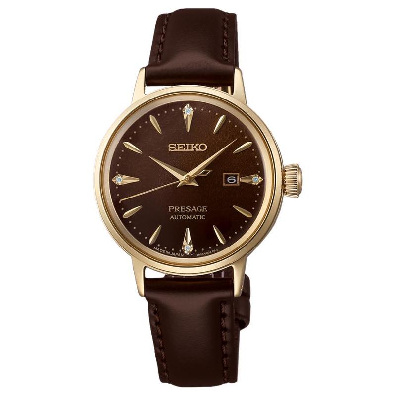 

SEIKO Presage series 50 meters waterproof antimagnetic date display Automatic cowhide strap 30.3mm women s watch brown dial SRRW008 золотий