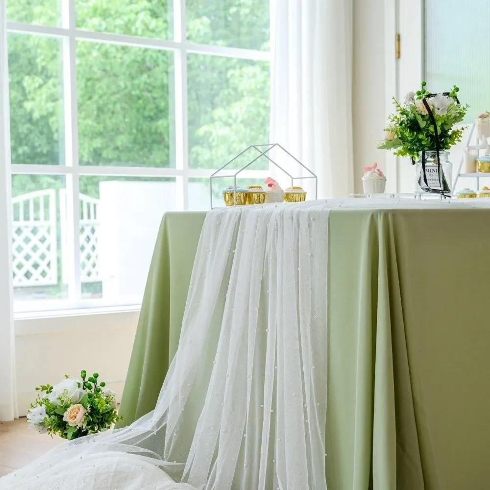 0.75*3M Table Flag Semi Transparent Pearl Tulle Table Runner Gauze Mesh Sheer Drapes Wedding Arch Drapes Wedding Party