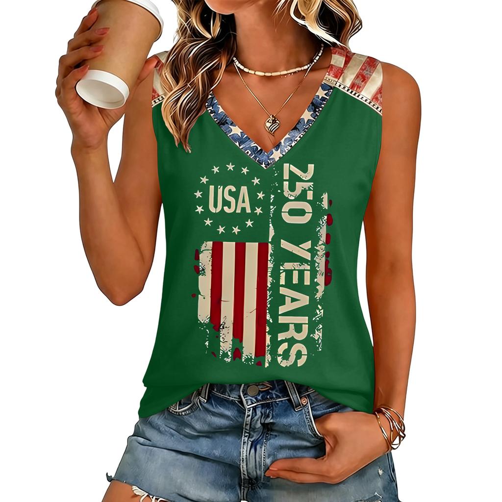 Women V Neck Casual Sleeveless Top with Independence Day Print Loose Fit Pullover Tank for Summer Daily Wear