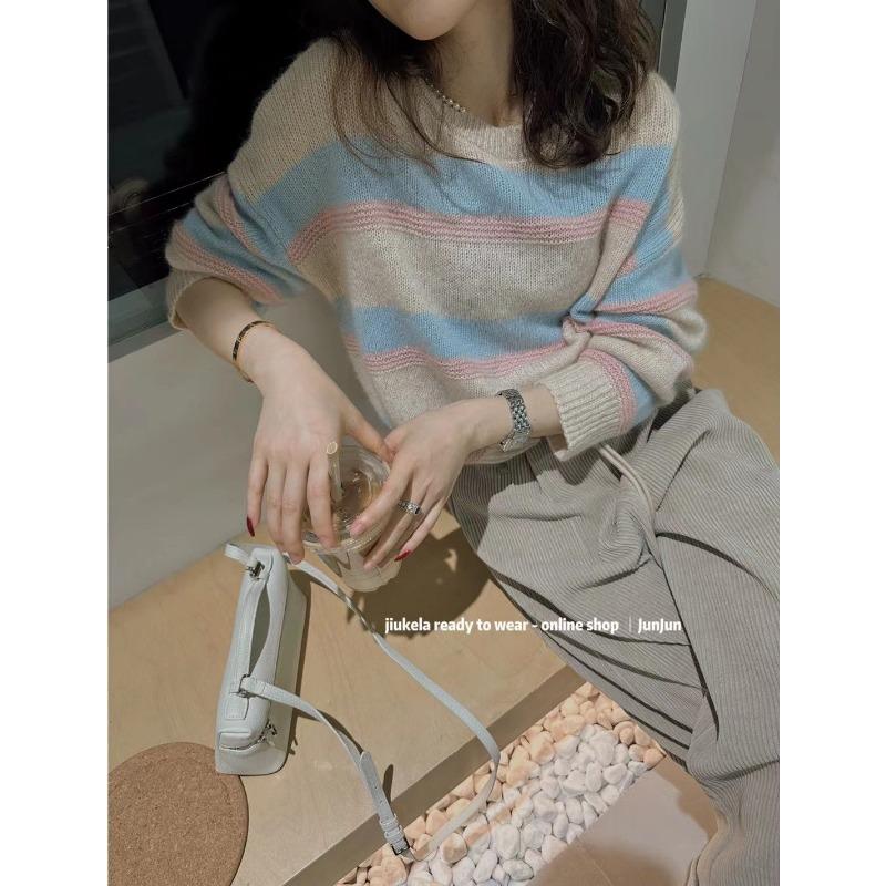 Autumn Winter Tops Sweaters for Women Loose Outer Wear Round Neck Color-blocked Retro Korean Style Versatile