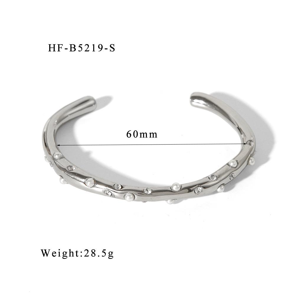 French Retro 18K Gold-Plated Zircon Pearl Stainless Steel Open Bangle Bracelet