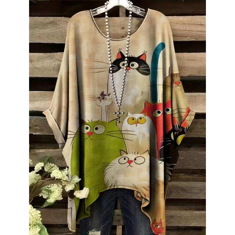 Retro Damen T-Shirt Anime Katze Grafik Mädchen Kleidung Sommer O-Ausschnitt Kurzarm T-Shirts Weiblich Harajuku Streetwear Übergroße Bluse