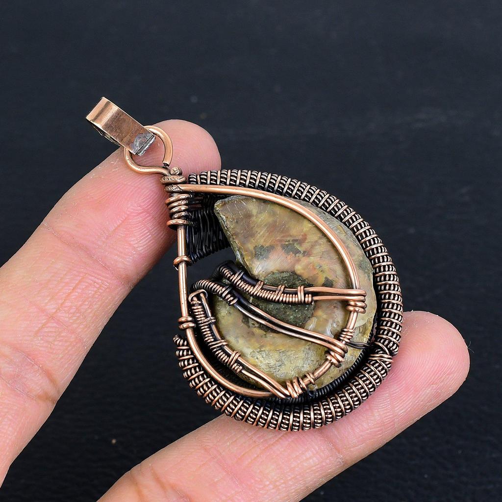 Ammolite 999 Copper Wire Wrapped Pendant, Handmade Gemstone Jewelry Pendant For Memorial Day