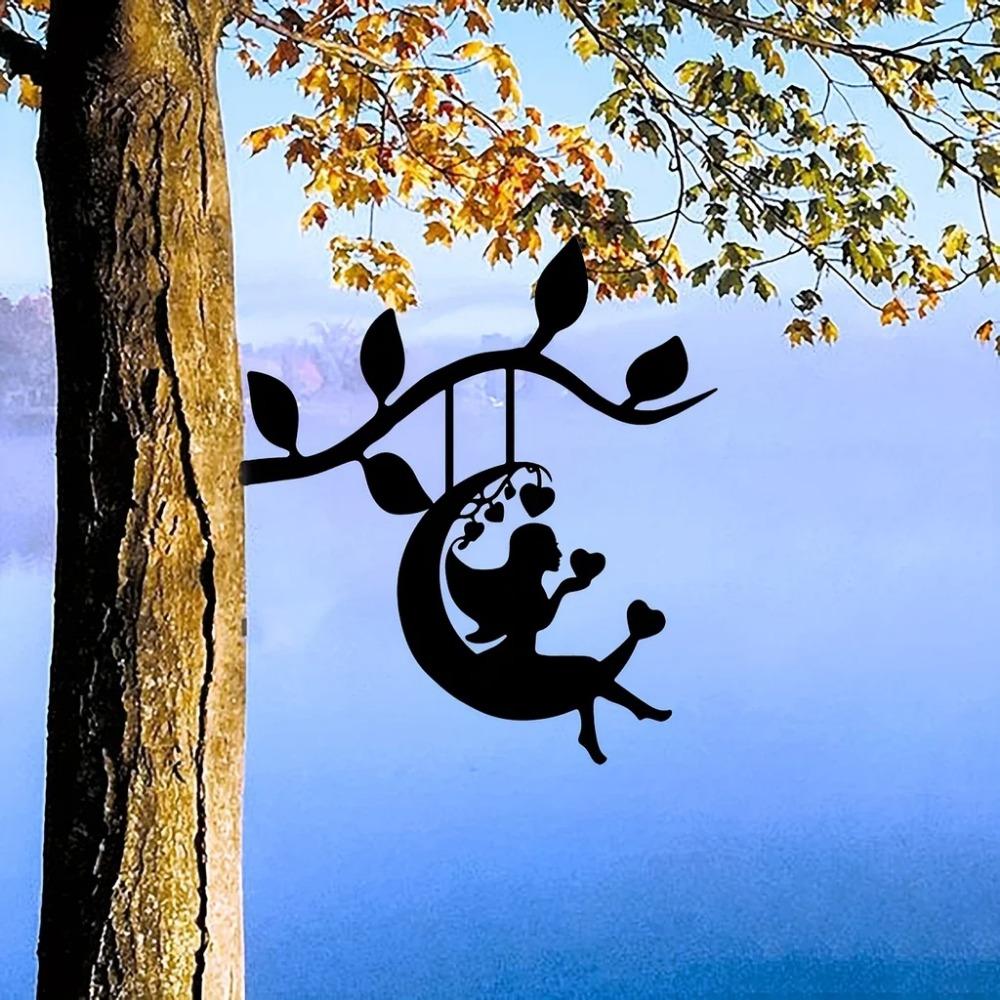 Swing Elf On Branch Steel Silhouette – Metal Wall Art for Home, Garden, Outdoor Statue Stake Decoration, Ideal for Birthdays
