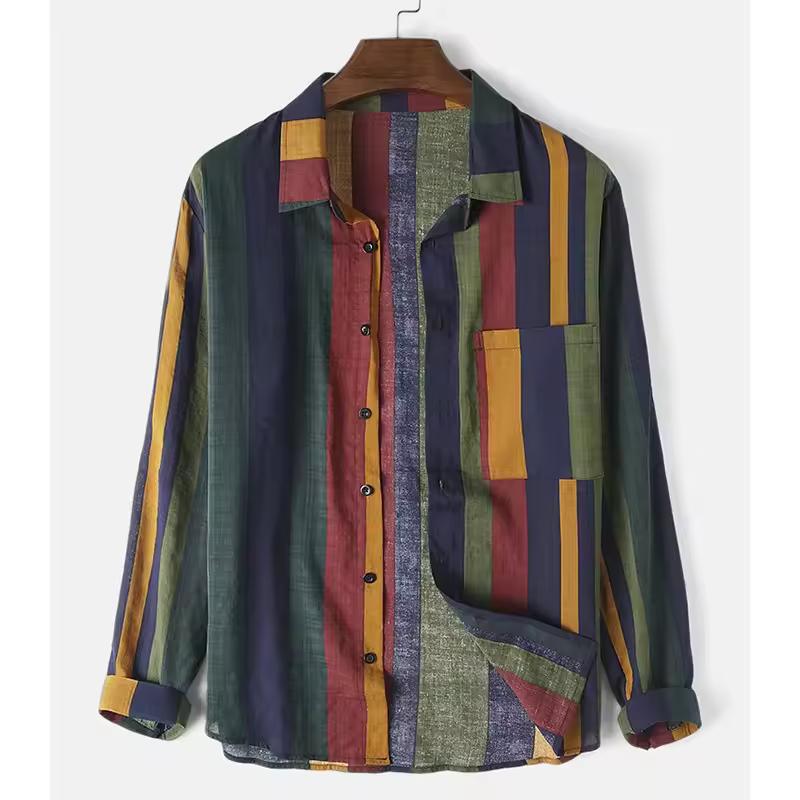

Spring Autumn Men s Streetwear Colorful Vertical Stripes Loose Long Sleeve Shirt Leisure Retro Button-down Cotton Pockets Tops S червоний