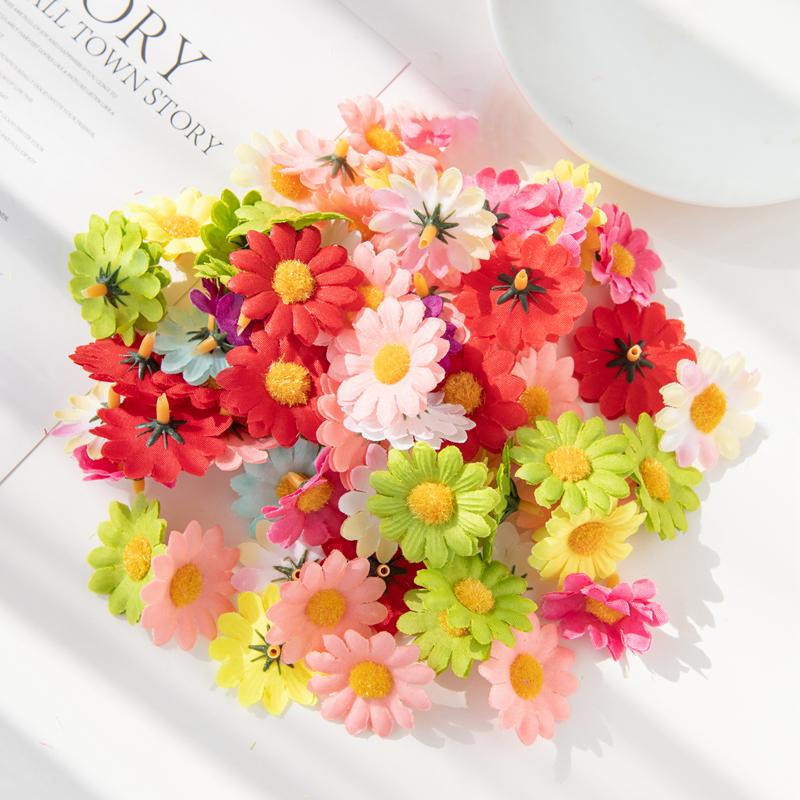 100PCS 4CM Mini Silk Daisy Artificial Flowers Party Wedding Decorative Home Decoration Christmas Wreath Fake Sunflower Cheaper