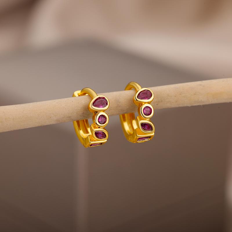 Cute Minimalist Zircon Green Hoop Earrings For Women Stainless Steel Small Circle Ear Button Earrings  Jewelry