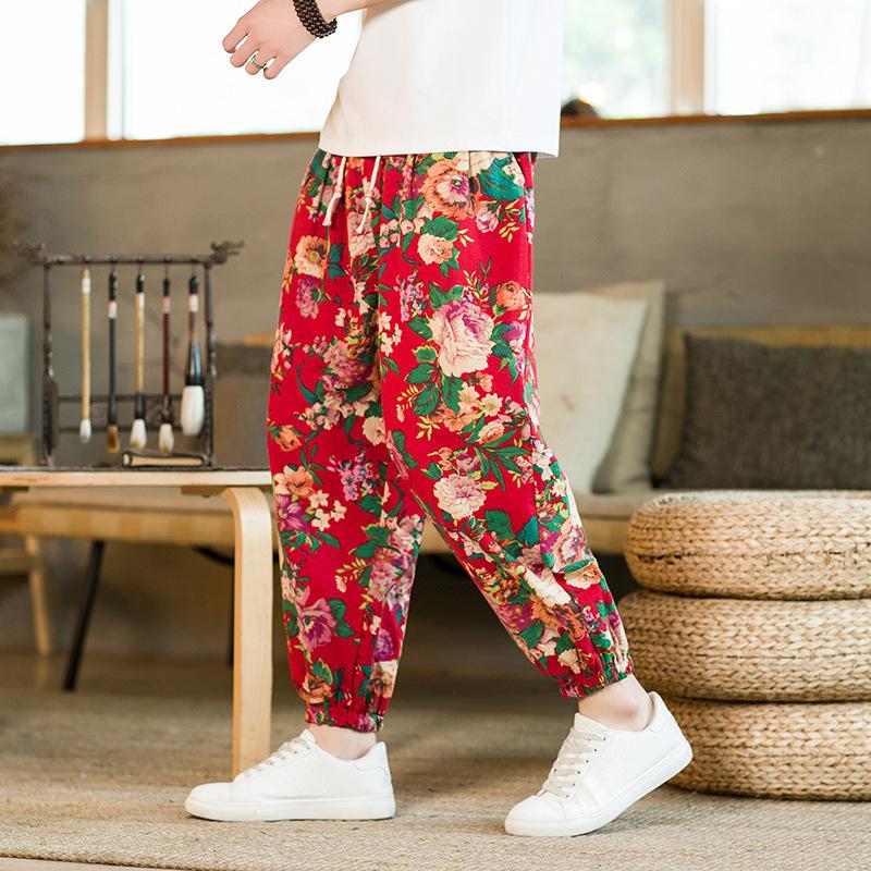 Summer new Chinese style men's casual color matching pants cotton and linen loose bloomers cross-pants P