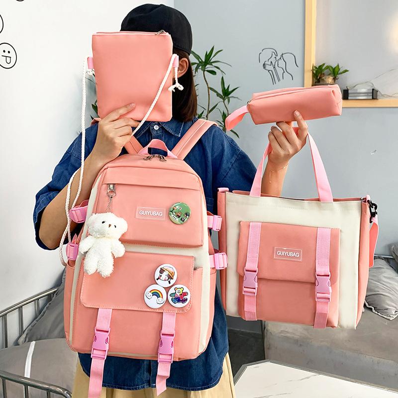 5pcs Primary School Five Piece Backpack Set High School Student Large Capacity Multifunctional Backpack Waterproof  Wear-resistant Canvas Leisure Bag