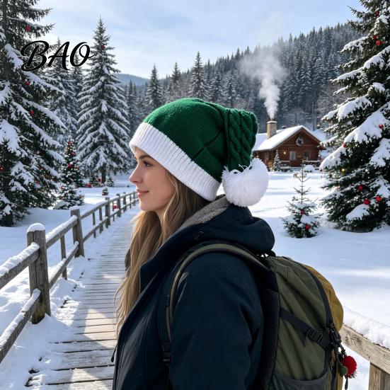 Bonnet Pompon Féminin Chapeau d'Elfe de Noël pour Femme, Tricot d'Hiver Douillet avec Pompon Respirant Chaud, Bonnet Ajusté Extensible pour Temps Froid Extérieur Confortable Quotidien