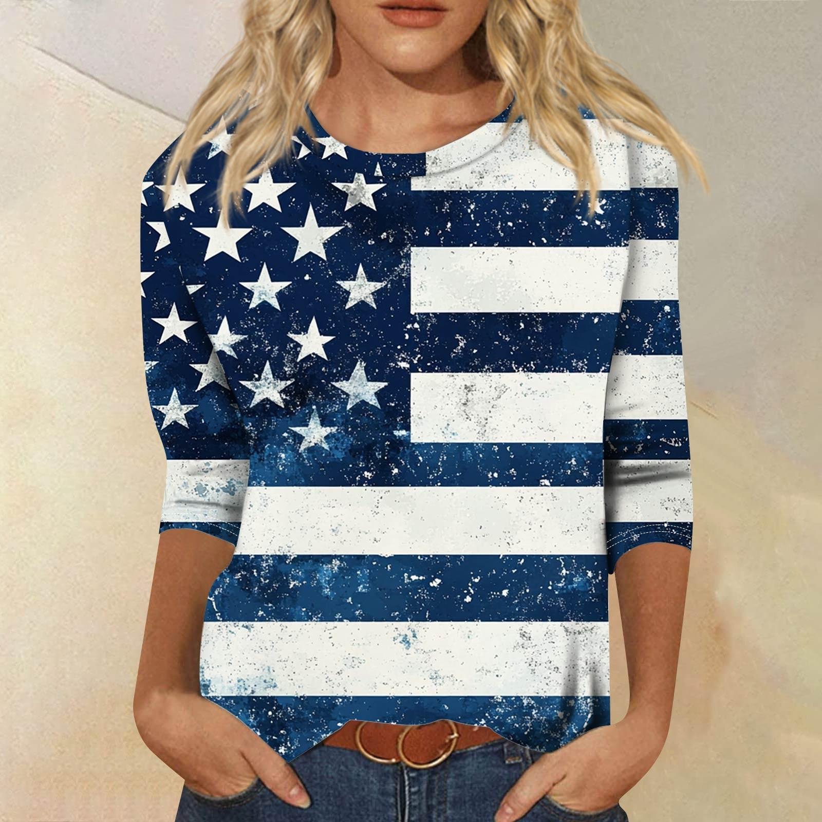 Women s Fashion Casual Seven Sleeve Independence Day Printed Round Neck Top L синий