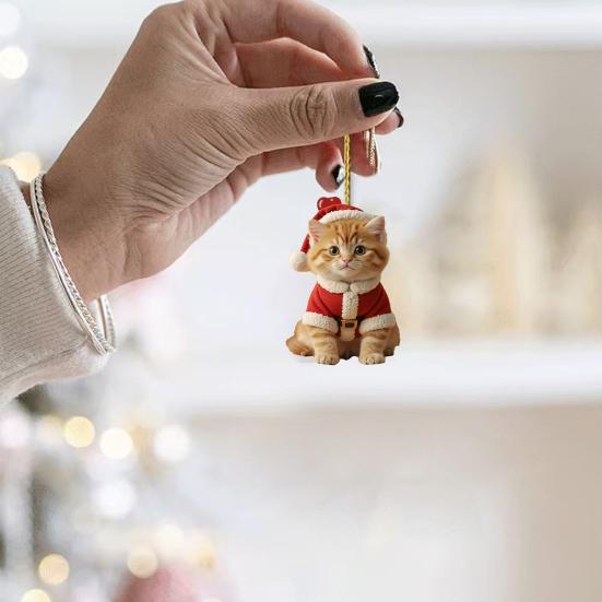 4 Pcs Cute Cat Christmas Ornament 2D Flat Acrylic Car Rearview Mirror Charm Cartoon