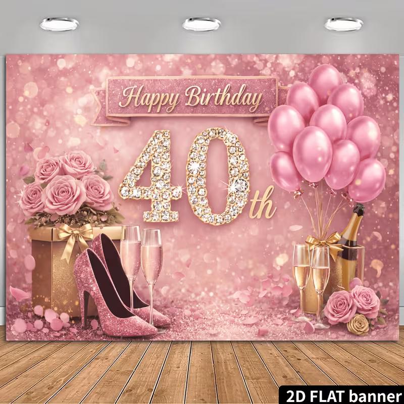 2D Happy 40th Birthday Photography Backdrop, Rose Gold Champagne & Balloon Themed Party Banner