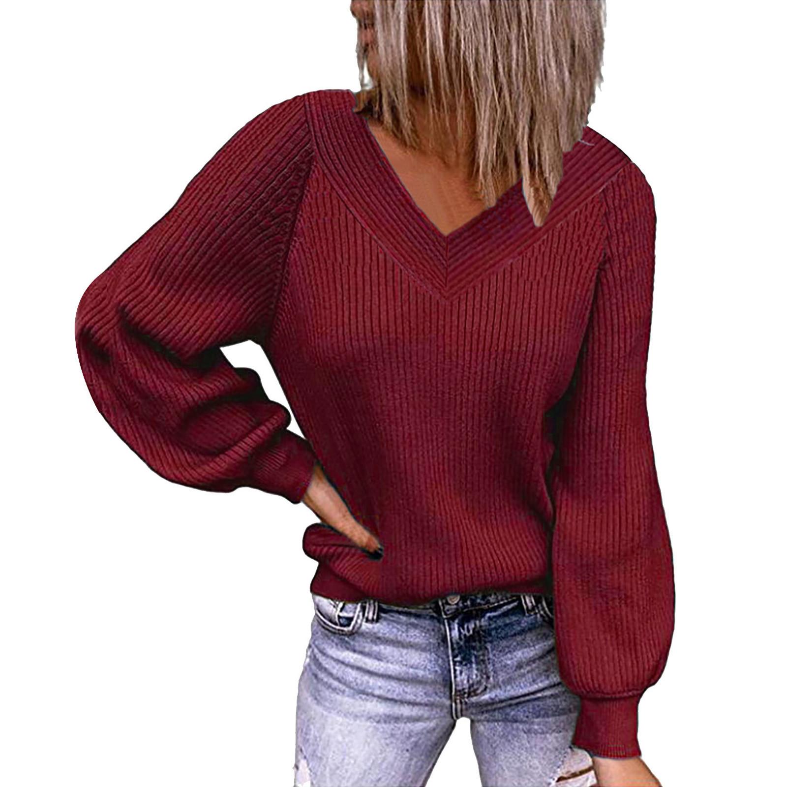 Fashion Women s Loose V-Neck Color Pullover Blouse Casual Knit Sweater XXL красный