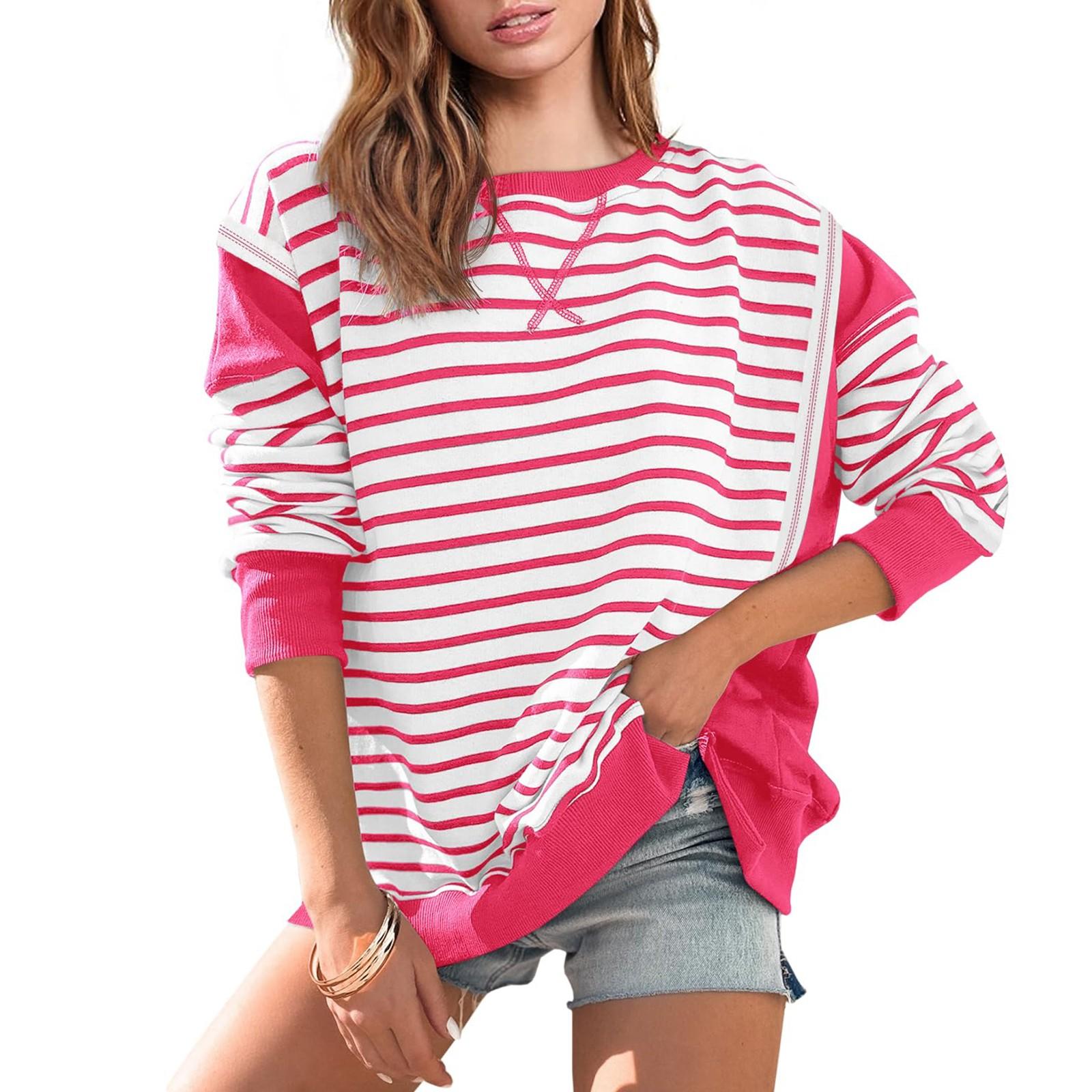 Большие толстовки для женщин свободного кроя с круглым вырезом в полоску с цветными — фото 9