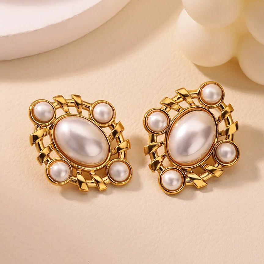 Vintage Geometric Pearl Earrings For Women Gold Color Stainless Steel Earring Hypoallergenic Retro Boho Wedding Jewelry Gift