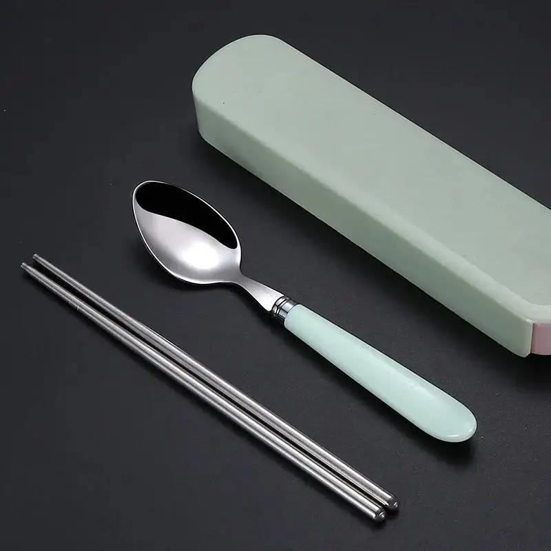 Portable Stainless Steel Cutlery Suit with Storage Box Korean Style Chopstick Fork Spoon Travel Kitchen Tableware Dinnerware Set