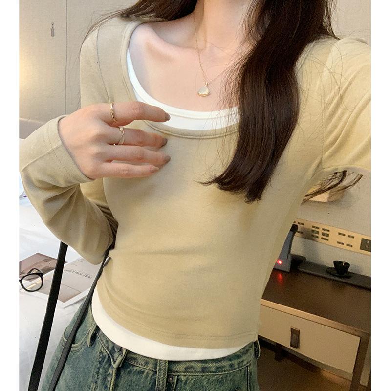 25/5000 Tricou de damă cu guler pătrat mozaic, pulover fals din două piese, contrast de primăvară, mâneci lungi pentru reducerea vârstei