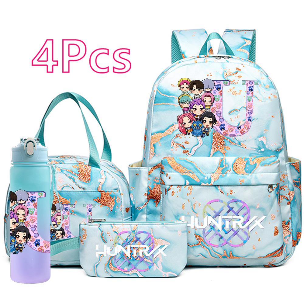 4Pcs/set Cartoon K-Pop Printed Large Capacity Backpack Handbag Pencil Case with 750Ml Water Bottler for Teenager Boy Girl Schoolbag Bookbag Mochila
