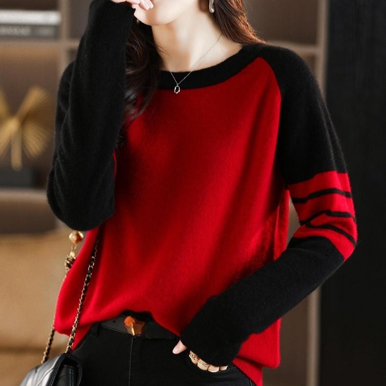 Round-neck Color-blocked Sweater Women's Trendy Loose Knitted Sweater Casual Short Pullover Spring and Autumn