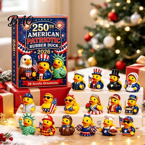 Acrylic Surprise Gift Boxes 2026 USA 250th Anniversary Rubber Duck Advent Calendar, 24-Day Patriotic Countdown Creative Holiday Kit Collection Box, 2D