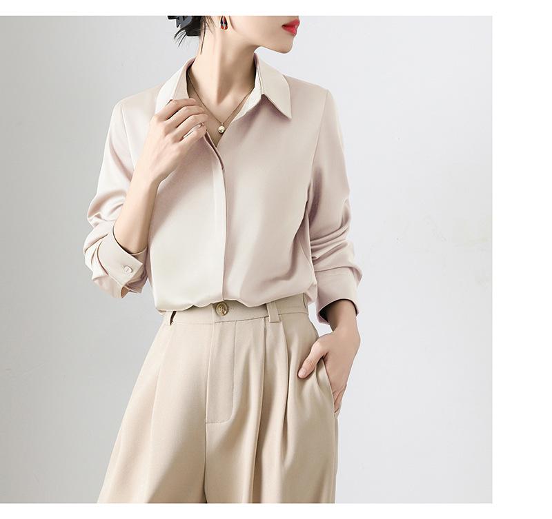 Women's Retro Satin Loose-Fit Long Sleeve Shirt - Hidden Placket, Hong Kong Style, Light Luxury for Spring & Autumn