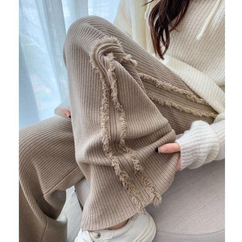Tassel Knitted Wide Leg Pants for Women in Autumn and Winter Brushed Straight Leg Pants Loose and Slimming Floor Length Pants