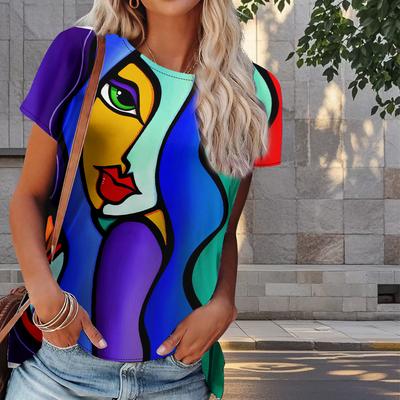 Damen Sommer T-Shirt Kurze Striche Druck Retro Mode Kurzarm T-Shirts Lässig Bedruckte Oberteile