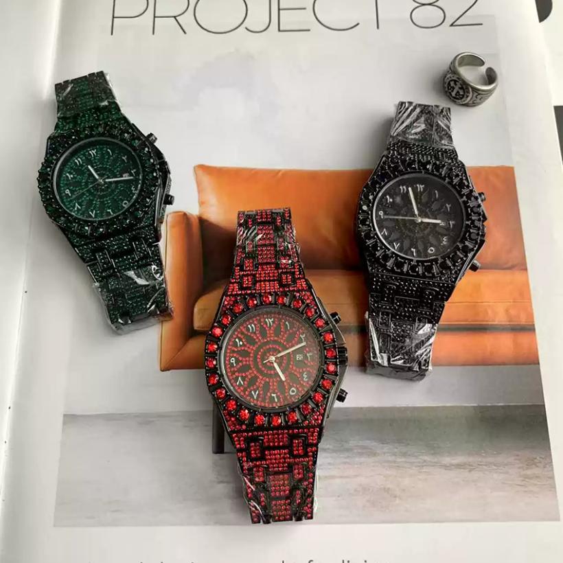 Hip Hop Wristwatch For Men Luxury Ice Out Full Diamond Watches Fashion Green Watch Waterproof Week Display Clock