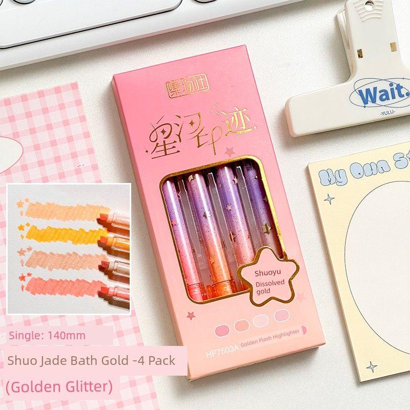 

Grade Three Class Two Golden Flash Fluorescent Pen Good-looking Journal Pen Student Focus Marking Pen Marker K Shuo Jade Soluble Gold -4 Pack (Golden Flash)