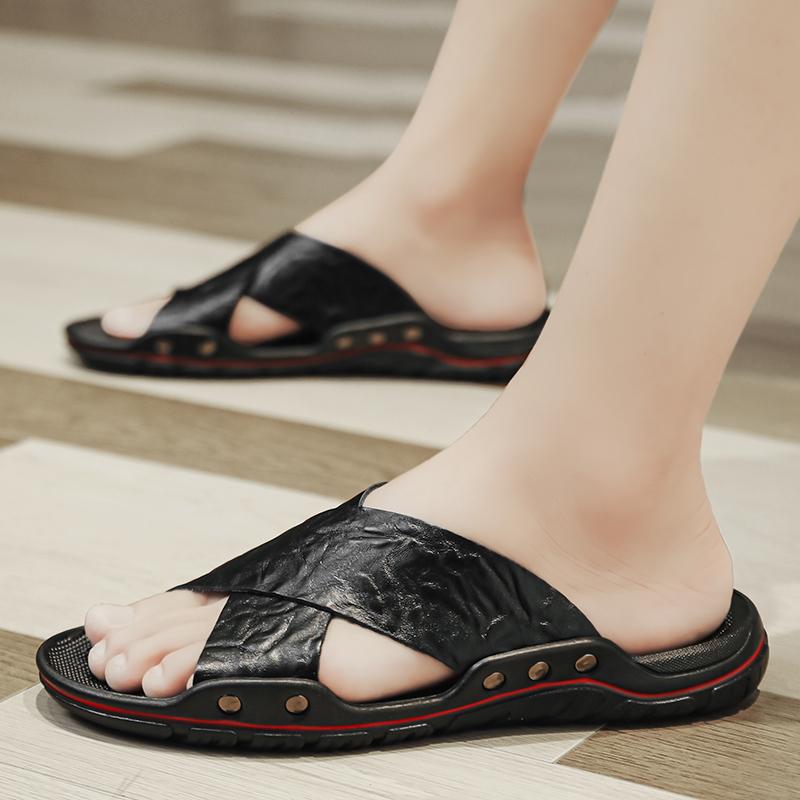 Fashion Men Shoe Men's  Leather Slide Sandals Comfortable Summer Casual Shoes for Men Non-Slip Sole Slippers Lightweight Beach Half Drag