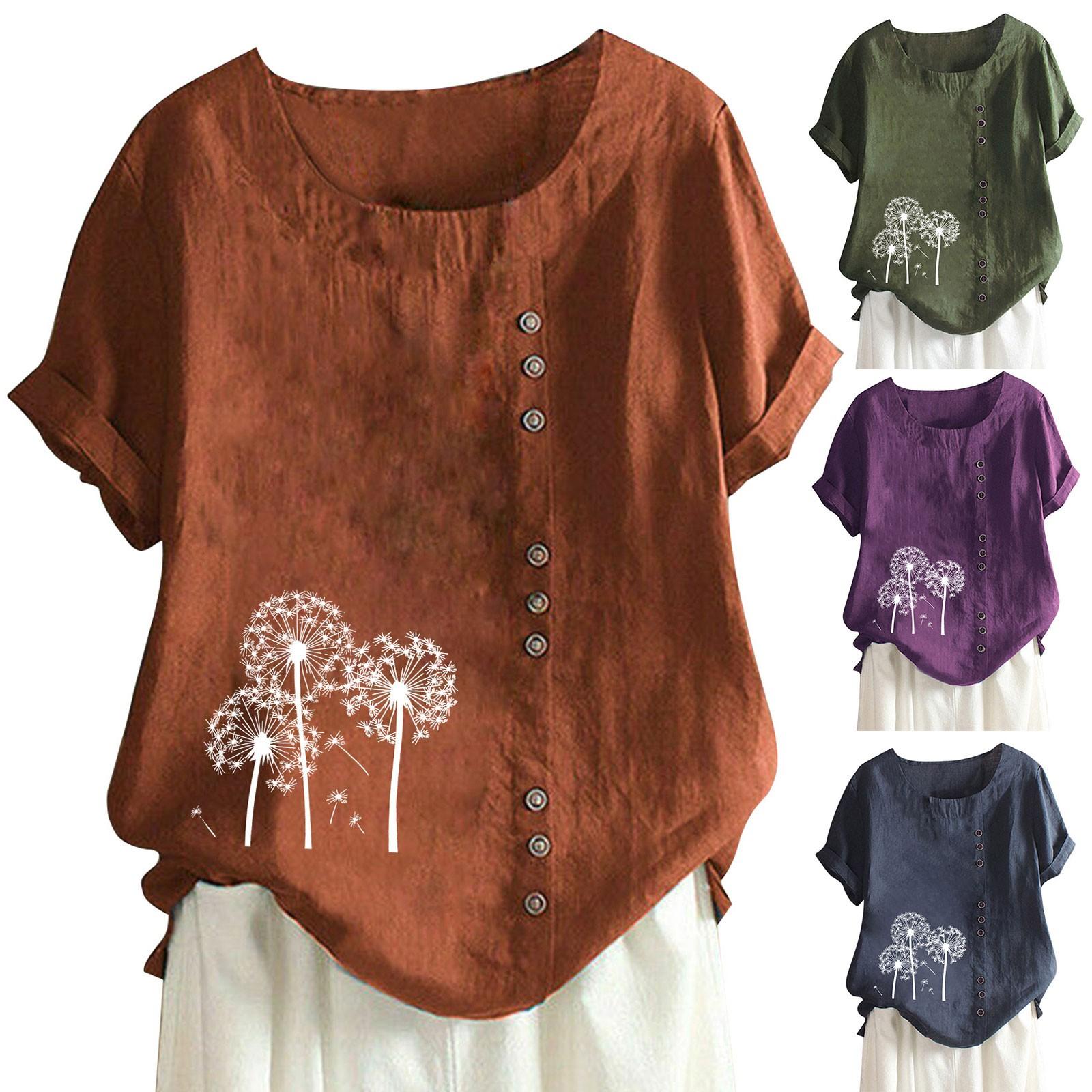 

Женская хлопчатобумажная льняная круглая шея Короткий рукав с пуговицами Топы Печатная футболка