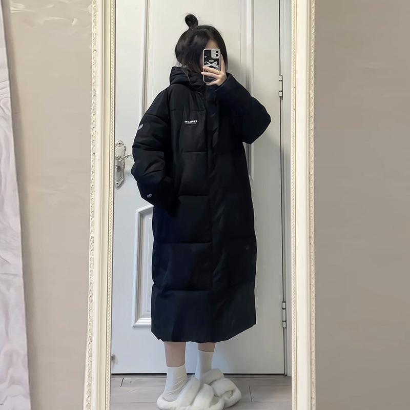 

New Autumn and Winter Thickened Hooded Medium and Long Cotton Clothes for Men and Women Loose and Warm Knee Cotton-padded Clothes XL чёрный