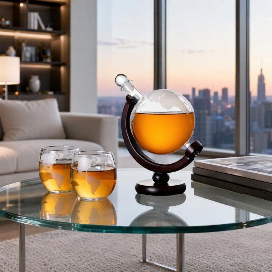 Welt Erde Karaffe Set, 850ml Schiff Whiskey Karaffe mit 2 Gläsern, Holzständer Rotierender Weinspender, Geschenk für Männer Papa