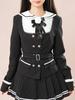 Women's Double-Breasted Black Striped Jacket & Pleated Skirt Set - Japanese Academy Style, Autumn/Winter Collection