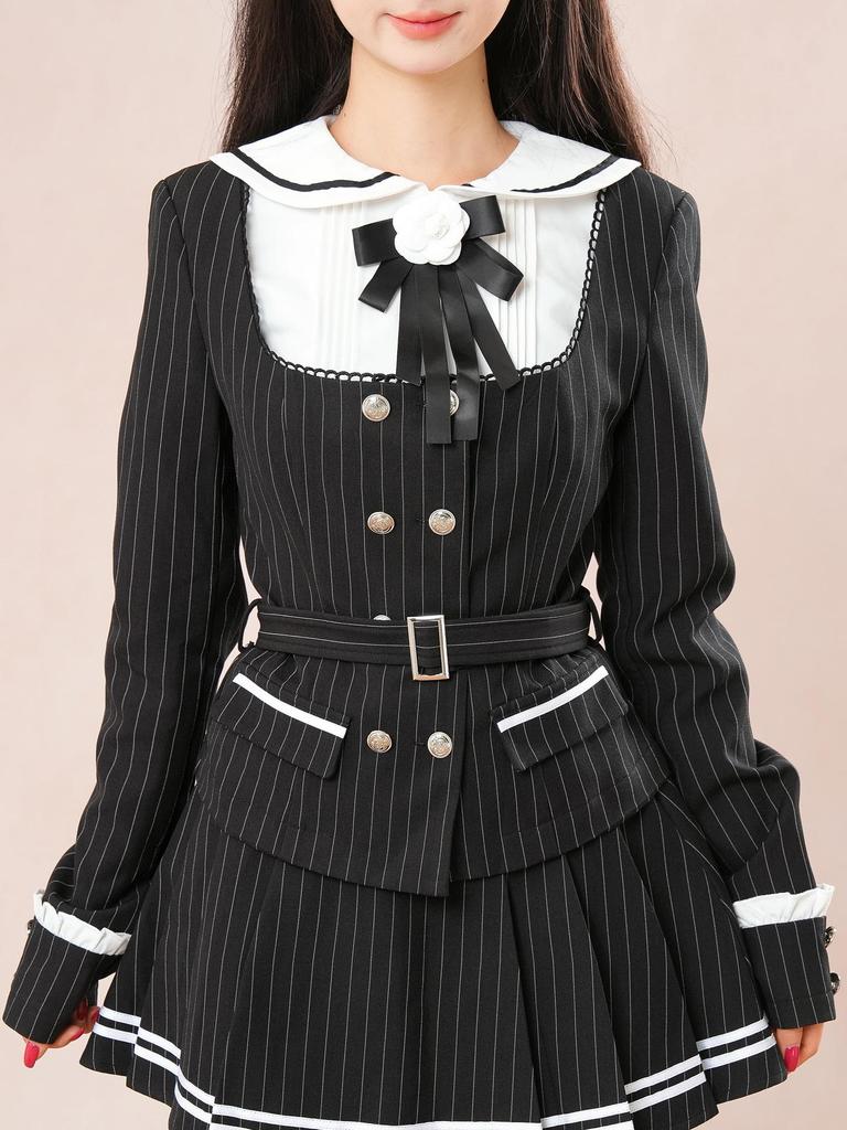 Women's Double-Breasted Black Striped Jacket & Pleated Skirt Set - Japanese Academy Style, Autumn/Winter Collection