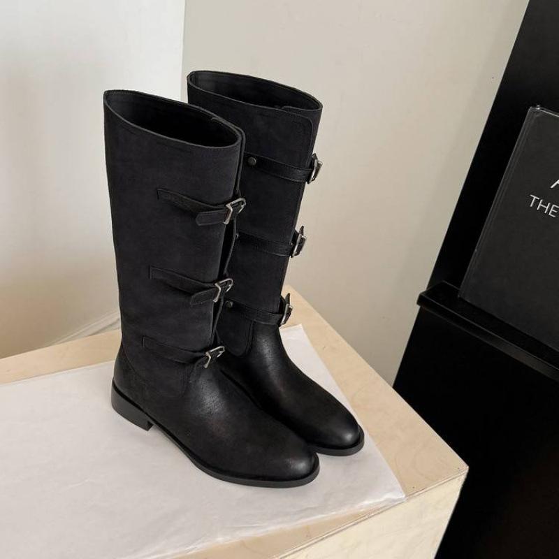 Autumn and winter women's leather tall boots solid color versatile medium heel large size women's boots rubber soft sole big tube circumference Ma