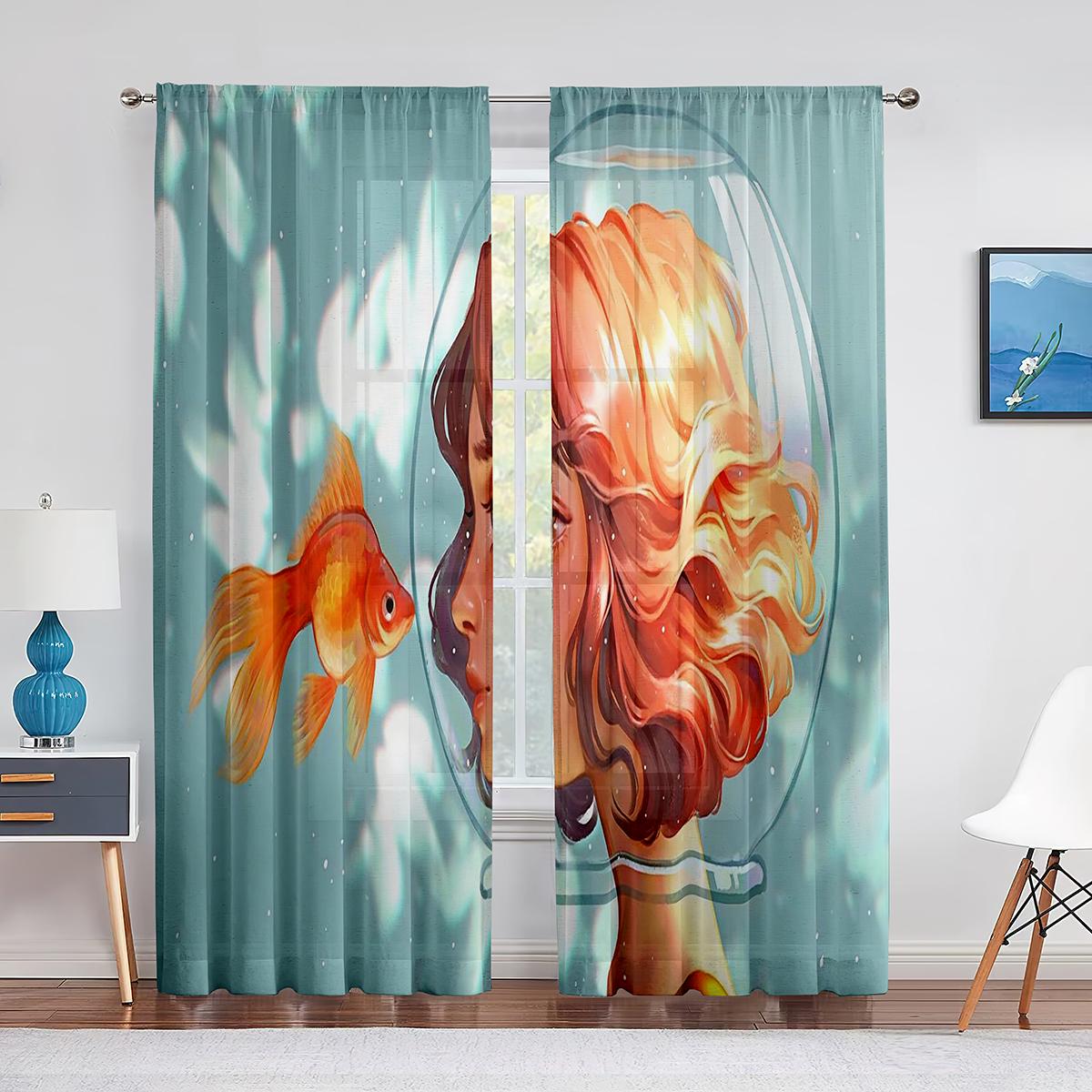 Пруд Золотая рыбка Цветы Листья Красочные прозрачные занавески для гостиной Спальня Вуаль — фото 14