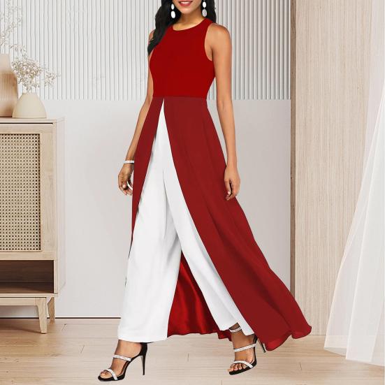 Damen Jumpsuit Sommer Ärmellos Kontrastfarben Spleißen Hoher Schlitz O-Ausschnitt Elegant Büro