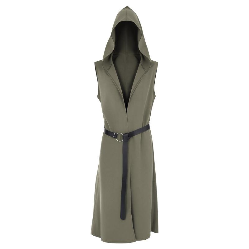 Mantello Cappotto Vintage Medievale Lunga Veste Senza Maniche con Cappuccio Scollo a V Profondo Aperto Davanti Vita Stretta Costume da Palco Halloween Mago Mantello