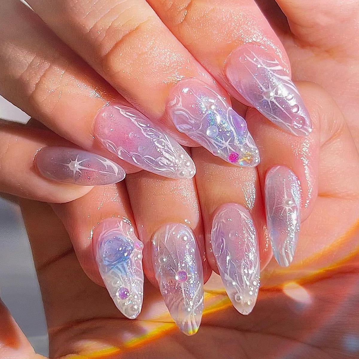 Dreamy Purple Gradient Starry Pearl Press-On Short Almond Nails JP3426 [Glue Version]
