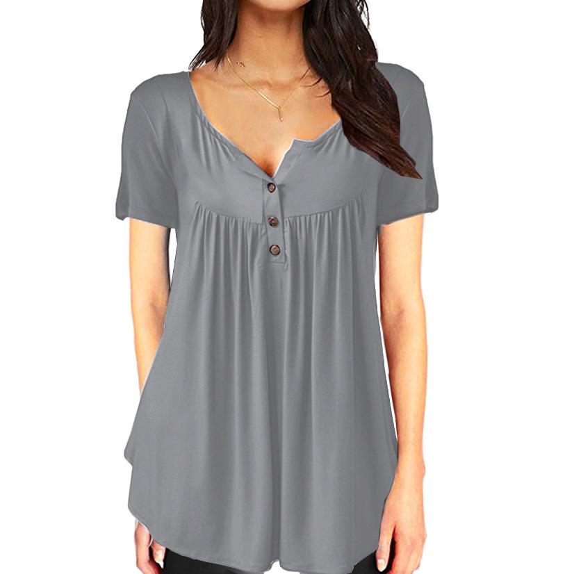 T-shirt d'été pour femme, couleur unie, à boutons, coupe ample, manches courtes