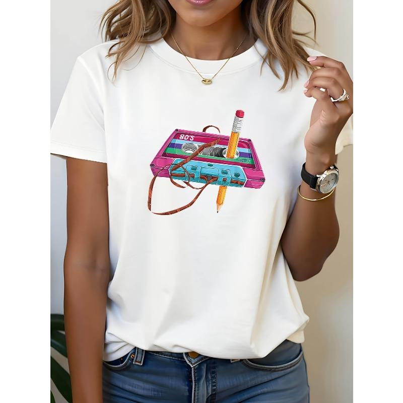 

Женская футболка с ретро-принтом кассеты для музыкального фестиваля, мода 80-х, круглый вырез, короткий рукав, повседневная, весенне-летняя, тематическая для фестиваля S белый