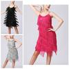 Womens Shiny Sequins Fringed Dress Samba Tango Latin Dance Costume Adjustable Spaghetti Straps Tassel Party Dress