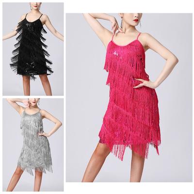 Damen Glänzendes Pailletten Fransenkleid Samba Tango Latein Tanzkostüm Verstellbare Spaghettiträger Quasten Partykleid