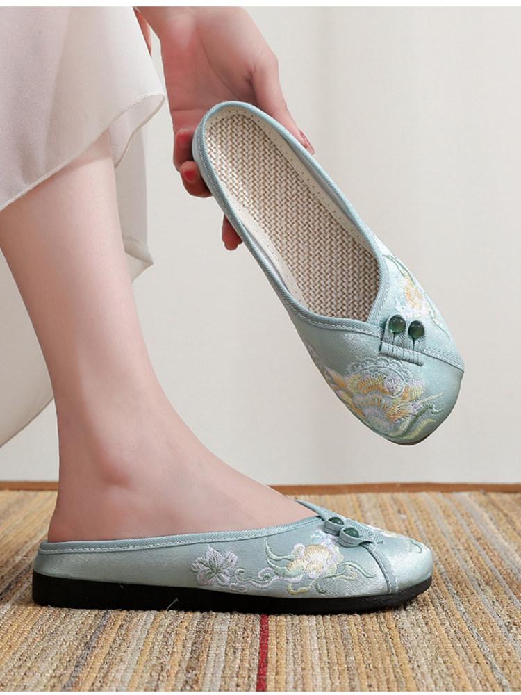 Fashion Shoes Ladies' Slippers Cover Toe Shallow Flat Rubber Floral Fabric Slides Embroider Retro Round Shoes Woman 2025 Shallow Cover T