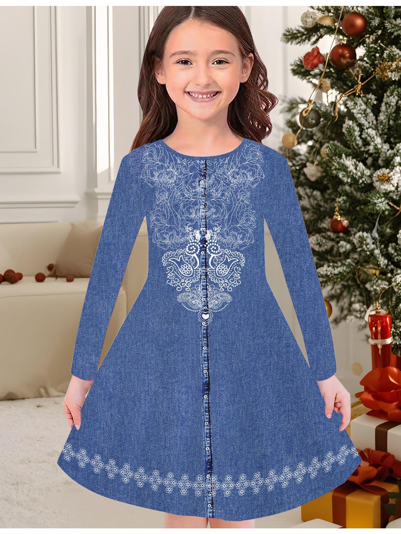 

Girls Autumn and Winter Fashion Dress, 3D Tassel Print Round Neck Long Children s T-shirt Dress, Casual Versatile, Christmas Clothing 170 синий