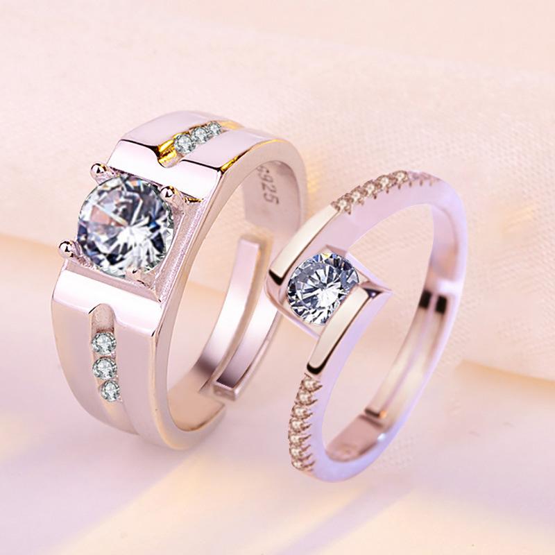1 pair/pack Fanshion Couple Rings Simple Pair Rings Simulation Diamond Ring Open Size Zircon Classic Ring Couple Wedding Rings Jewelry Gift
