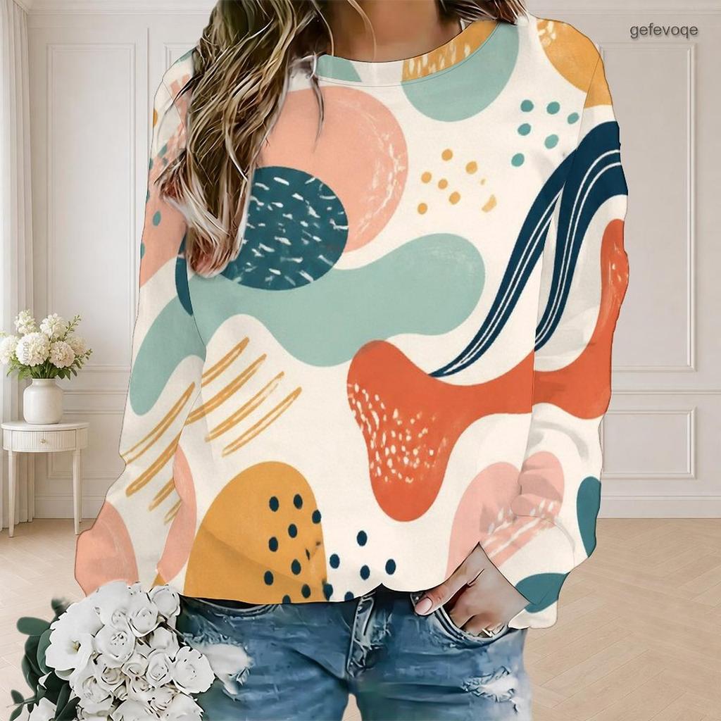 Women Plus Size Round Neck Long Sleeve Abstract Printed Ribbed Cuffs Pullover Sweatshirt