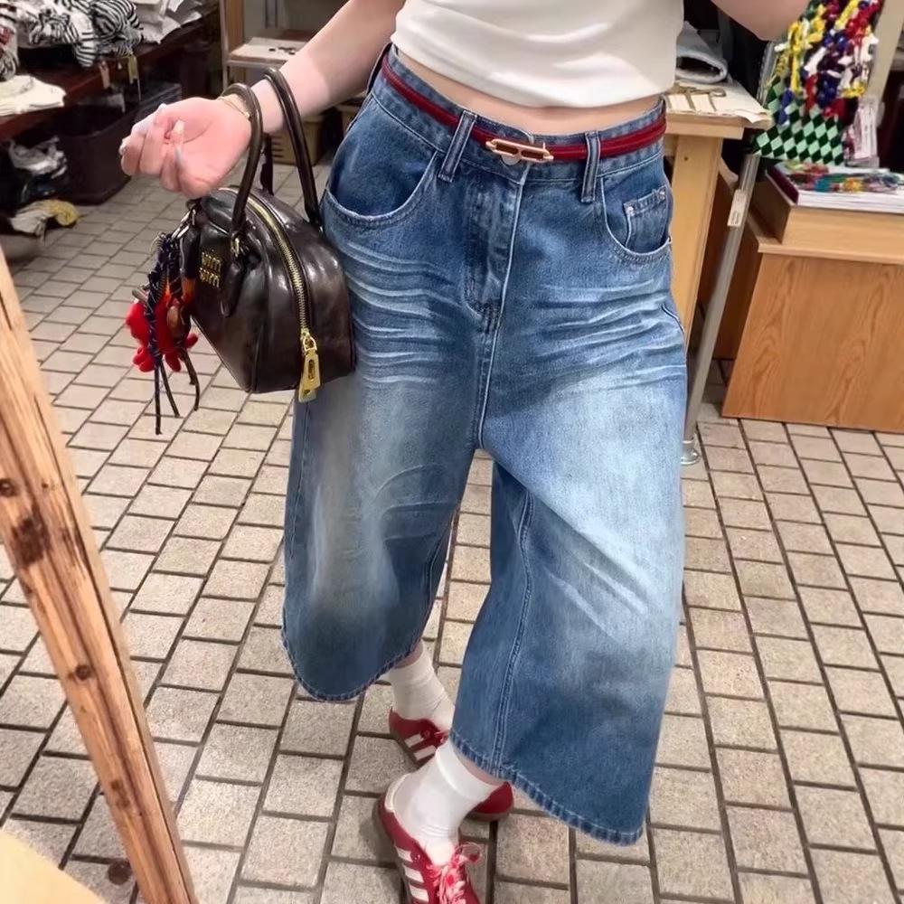 

Korean Style 2025 Summer Retro Wrinkled Denim Capris Women s Plus Size High Street Slimming Over-the-Knee Jeans S